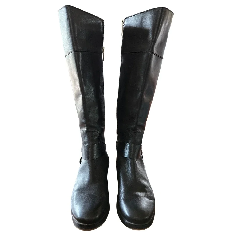 Michael Kors Black Leather Tall Riding Boots Silver MK Logo Medallion Womens 7M